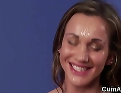 Slutty peach gets jizz shot on her face eating all the cum